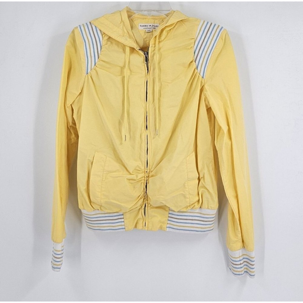 Tommy Hilfiger Y2K Yellow Jacket Size L Striped Trim and Hood